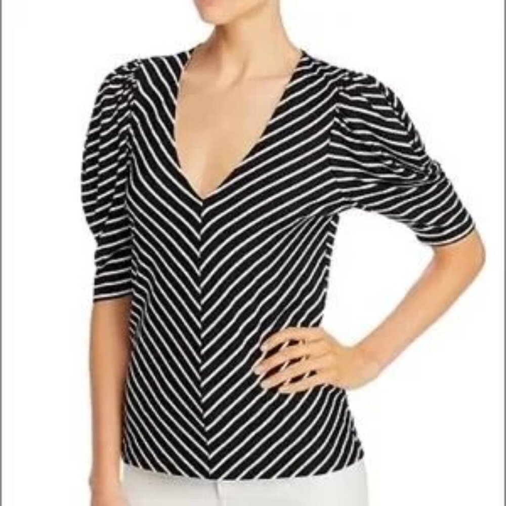 Frame Shirred Black and White Chevron Stripe Puff Shoulder V-Neck Top. Size L.
